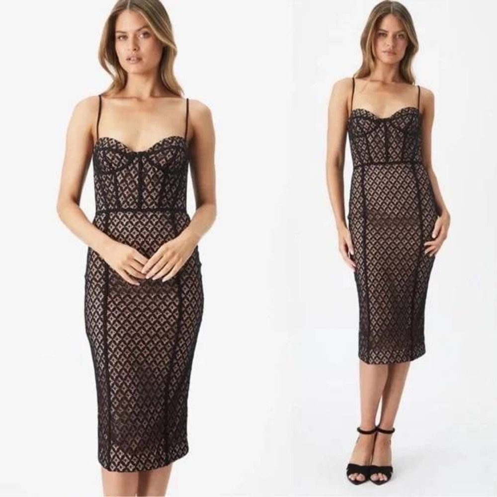 Bardot Charley Midi Lace Dress Womens 8 Black‎ Nude Corset Bustier 58397DB